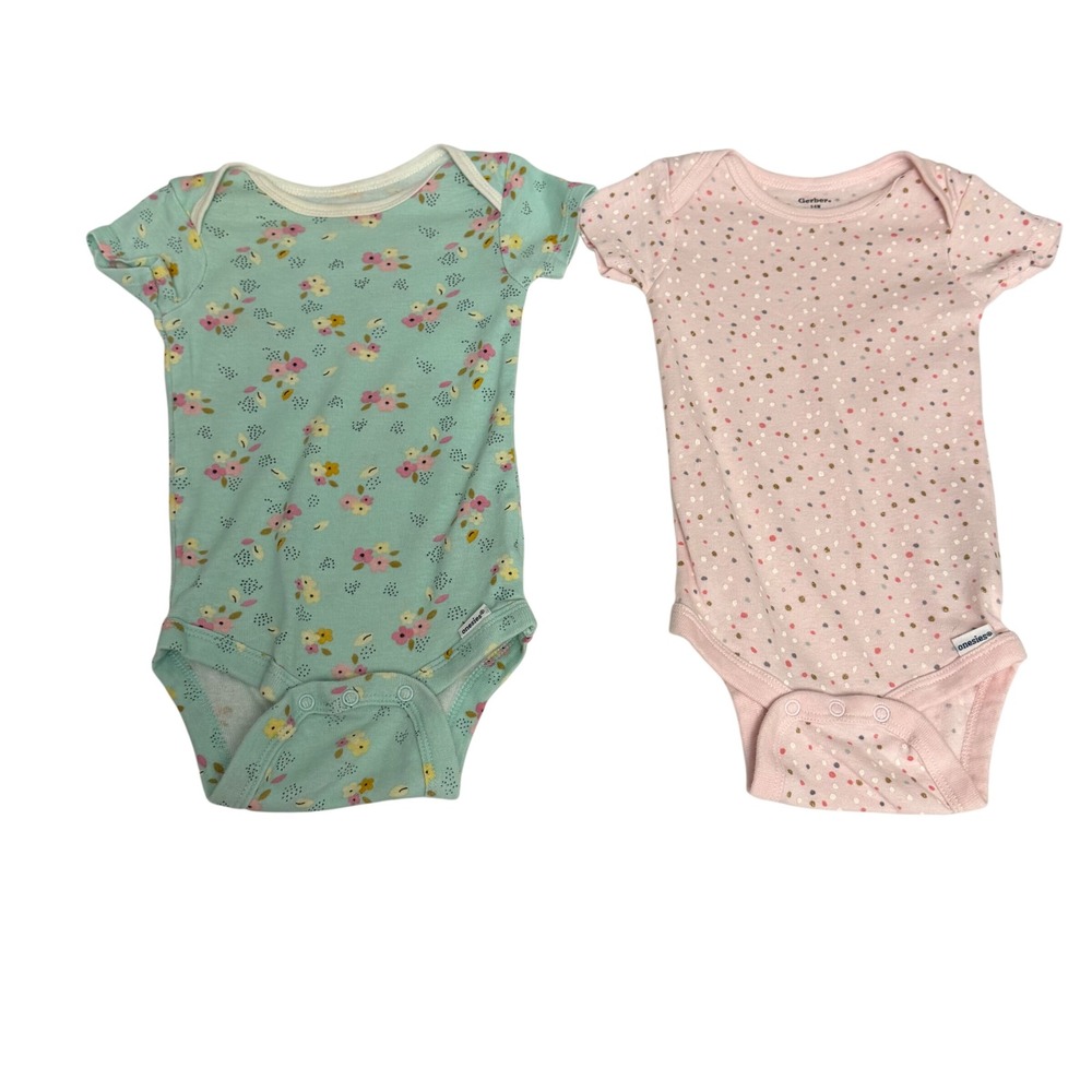Gerber Baby Girls 3-6M Onesies 2 Pack Mint Floral Pink Polka Dot Cotton Snaps‎